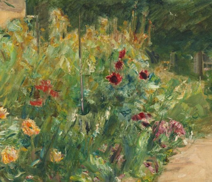 Impressionist painting by Max Liebermann showing flowering shrubs in various colors