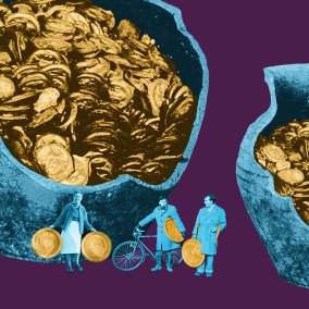 We see two bags filled with coins and three people on bicycles holding coins in their hands.