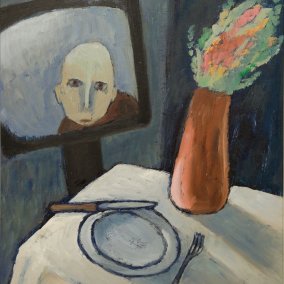 Table, vase with flowers, TV, plate, knife and fork