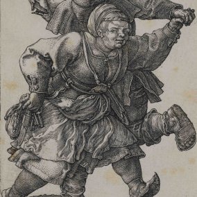 Gravure de l'époque de la guerre des paysans montrant deux personnes dansant.