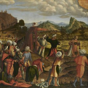 Painting on the martyrdom of St. Stephen shows people in a landscape