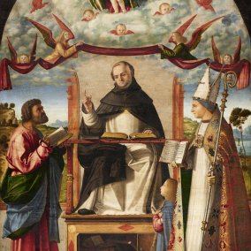 Gemälde über die Disputation des heiligen Thomas von Aquin mit den Heiligen Markus und Ludwig von Toulouse