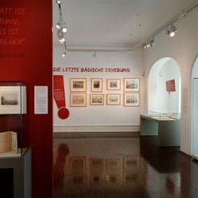 Blick in den Ausstellungsraum mit Vitrinen und Grafiken an den Wänden