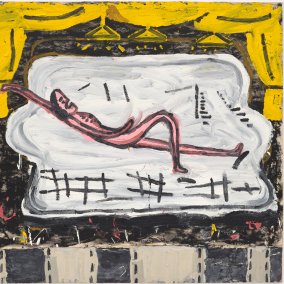 Rose Wylie, Lolita's House and Two Cars, 2018, Öl auf Leinwand, in zwei Teilen, 183 × 335 cm © Rose Wylie, Courtesy the artist and David Zwirner Rose Wylie, Lolita's House and Two Cars, 2018, Öl auf Leinwand, in zwei Teilen, 183 × 335 cm © Rose Wylie, Courtesy the artist and David Zwirner