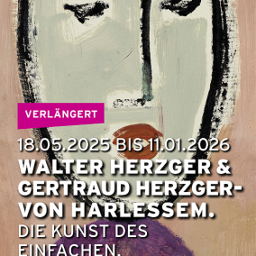 Walter Herzger (1901-1985) - Frau Luna mit grüner Traube (Ausschnitt), 1960 Ölfarben, Kreide auf Papier Das Gemälde zeigt vor rosafarbenem Grund einen großen, eiförmigen Kopf in hellem Grün, schwarz umrandet, mit schmalen schwarzen Augen, einem geschwungenen Nasenstrich und rotbraunem Mund. Unterhalb des Kopfes liegt ein violettfarbener Torso mit rotem Rechteck.