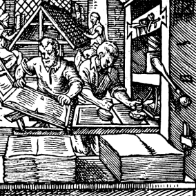 Atelier d'imprimerie vers 1450 [gravure sur bois]